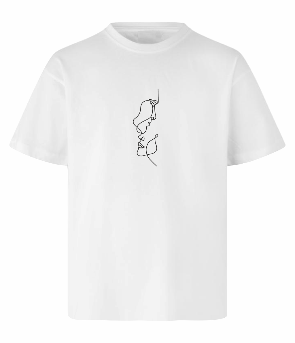 Face To Face line art t-shirt frontprint med minimalistisk ansigtsdesign